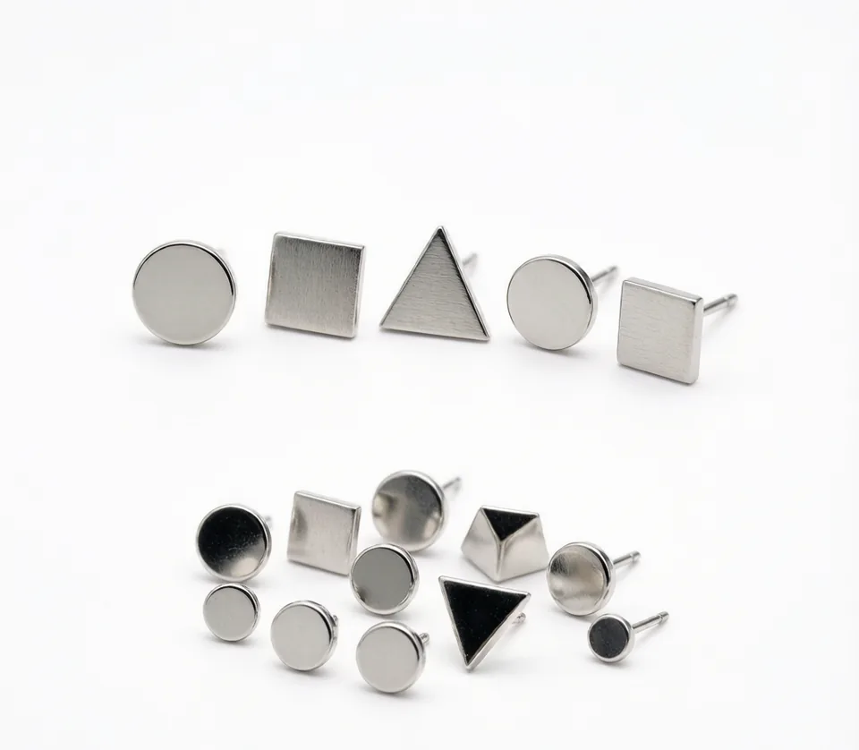Silver stud earrings set — round, square and triangle — Earrings