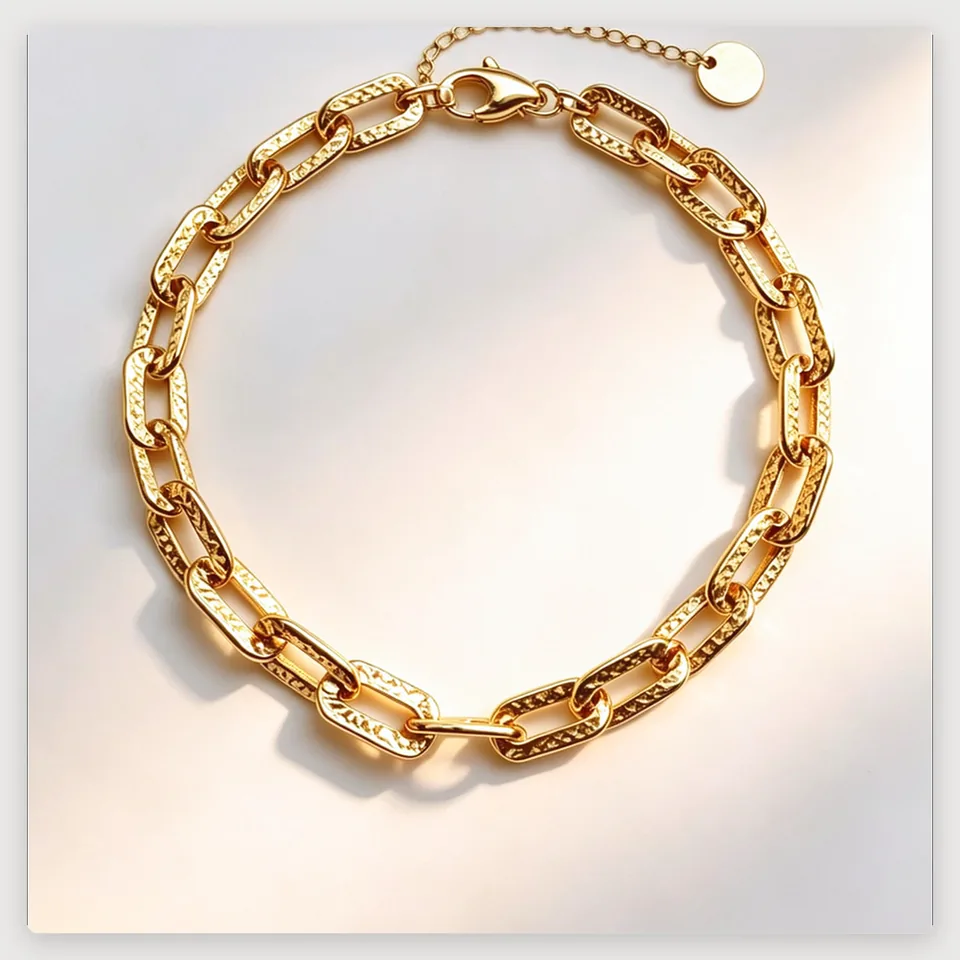 Hammered Oval Link Bracelet in 316L stainless steel with 18K gold PVD finish and round disc tag