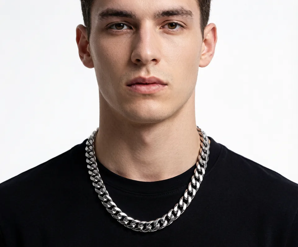Cuban link chain necklace worn on model — Chains