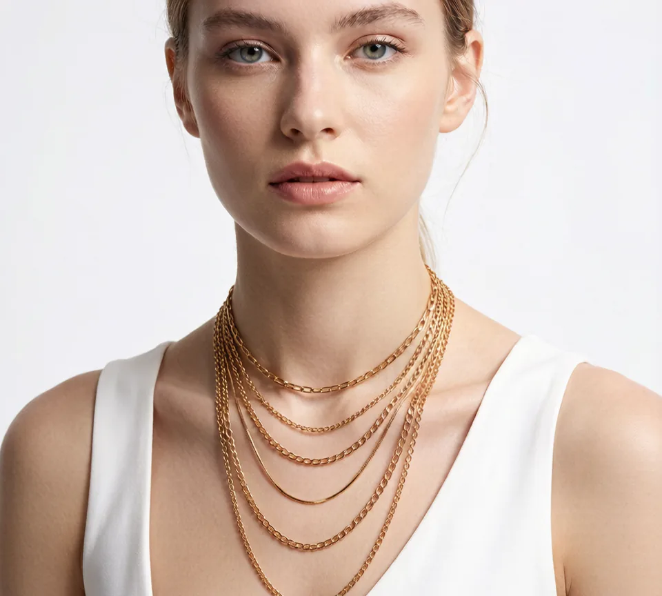 Layered gold necklaces on model — Chains