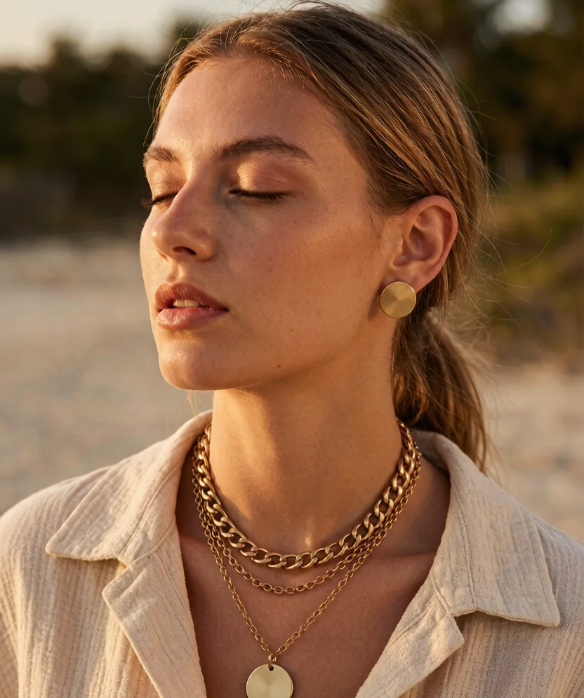 Model wearing gold disc stud earrings — Earrings